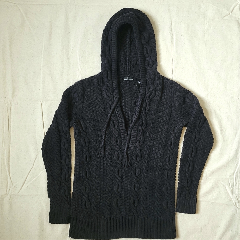 Vintage MODA International Grey Black Chunky Cable Knit Hooded Sweater